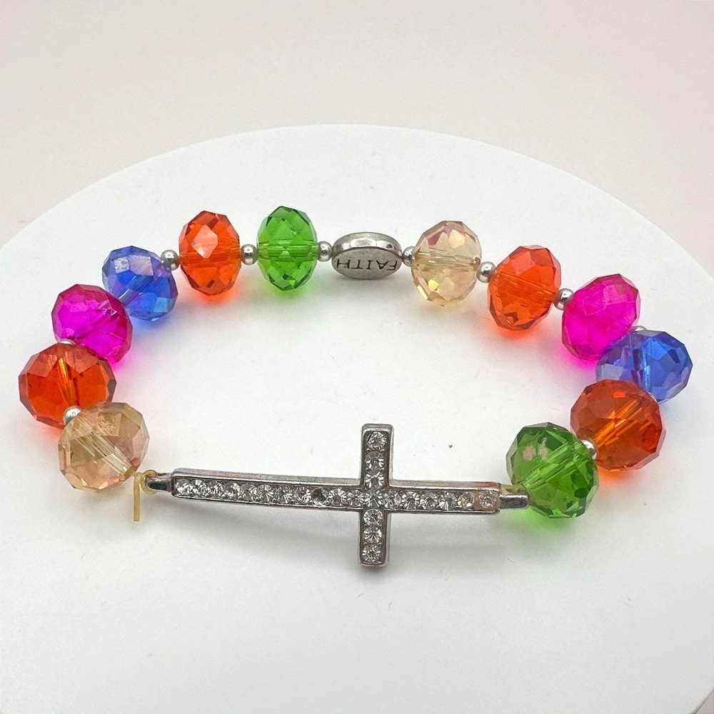 Vintage Y2K Clear Rhinestone Beaded Cross Bracelet Faith Charm Religious Jewelry